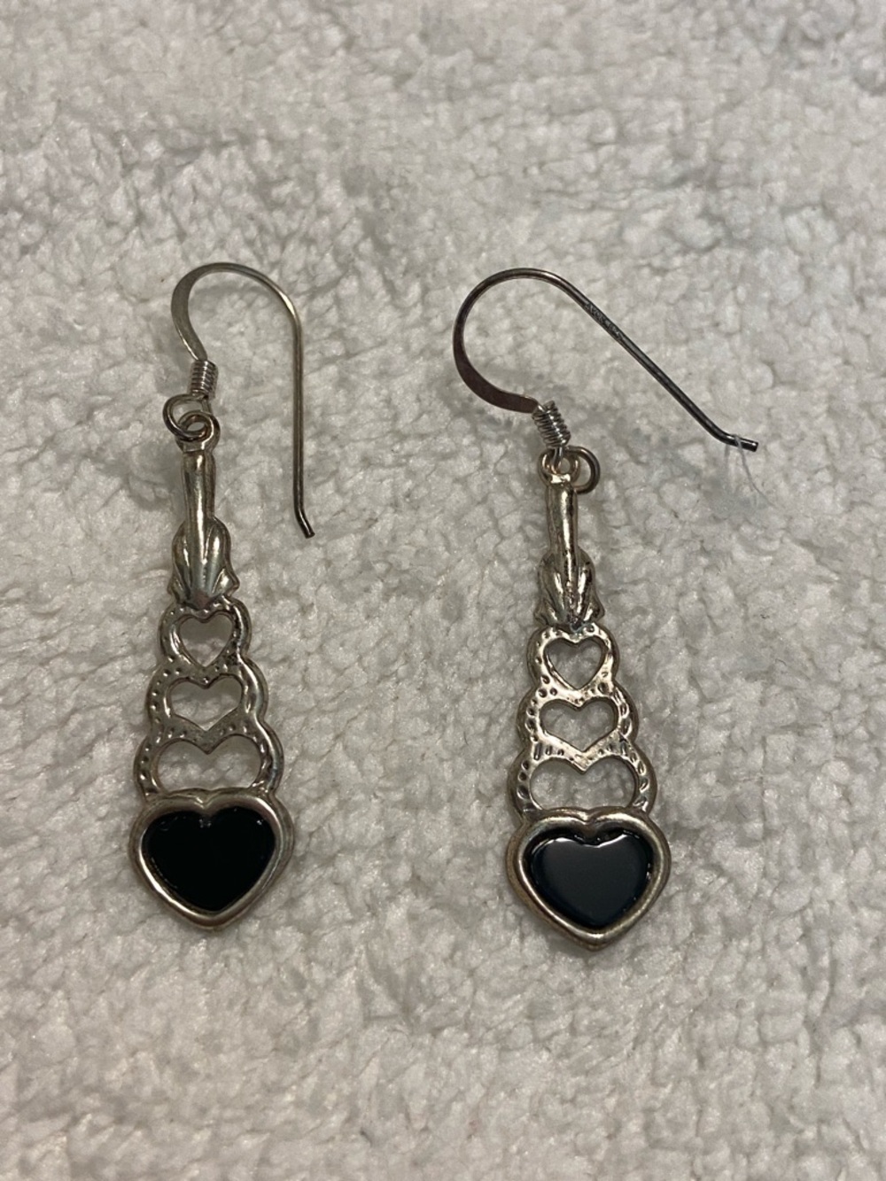 Sterling Silver 925 Heart Drop Earrings with Black Inlay